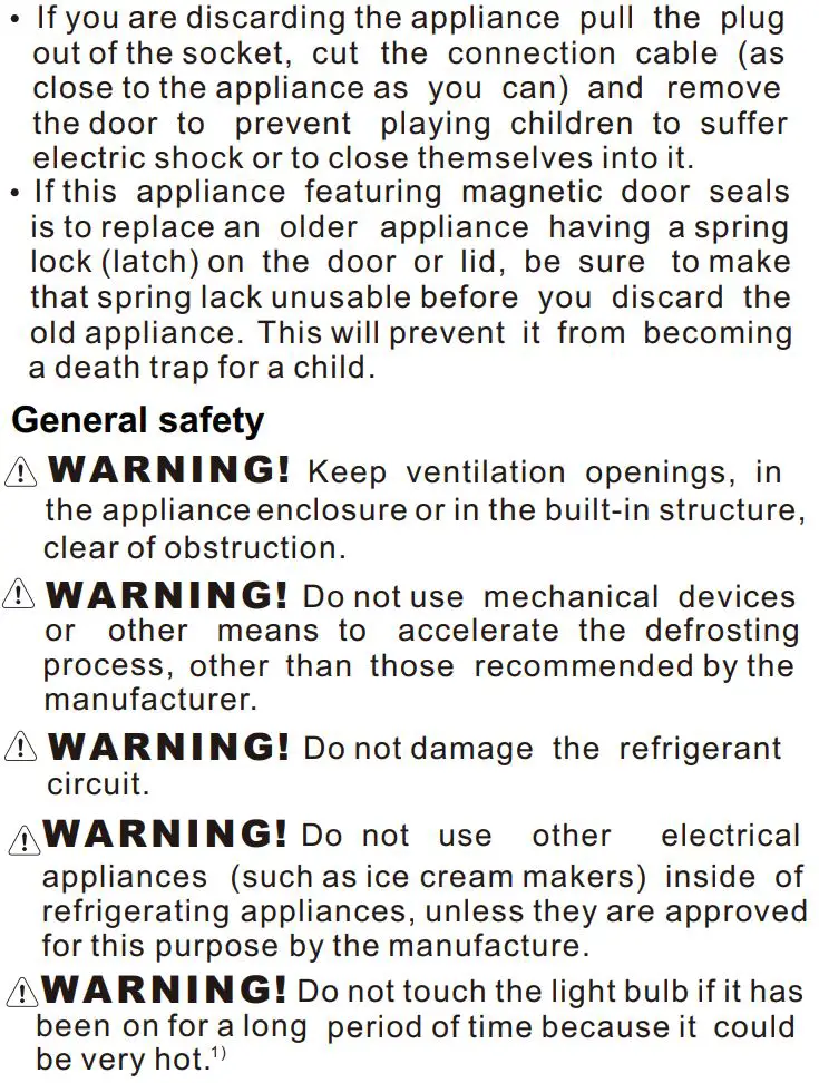 Continental Edison CEFC260DB 260 L Bottom Freezer Fridge Instructions - Safety information