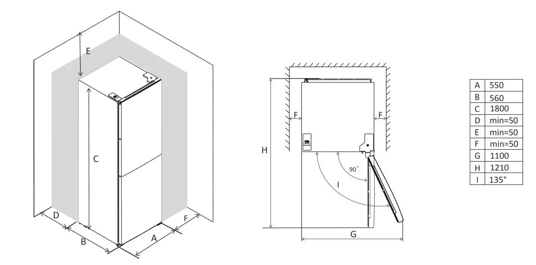 Continental Edison CEFC260DB 260 L Bottom Freezer Fridge Instructions - Space Requirement