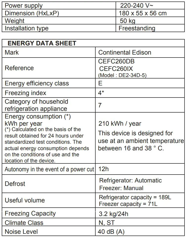 Continental Edison CEFC260DB 260 L Bottom Freezer Fridge Instructions - TECHNICAL CHARACTERISTICS