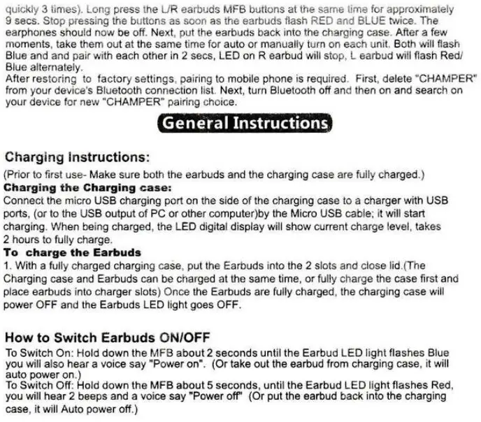 Champer 3D Max Pro Earbuds - General Instructions
