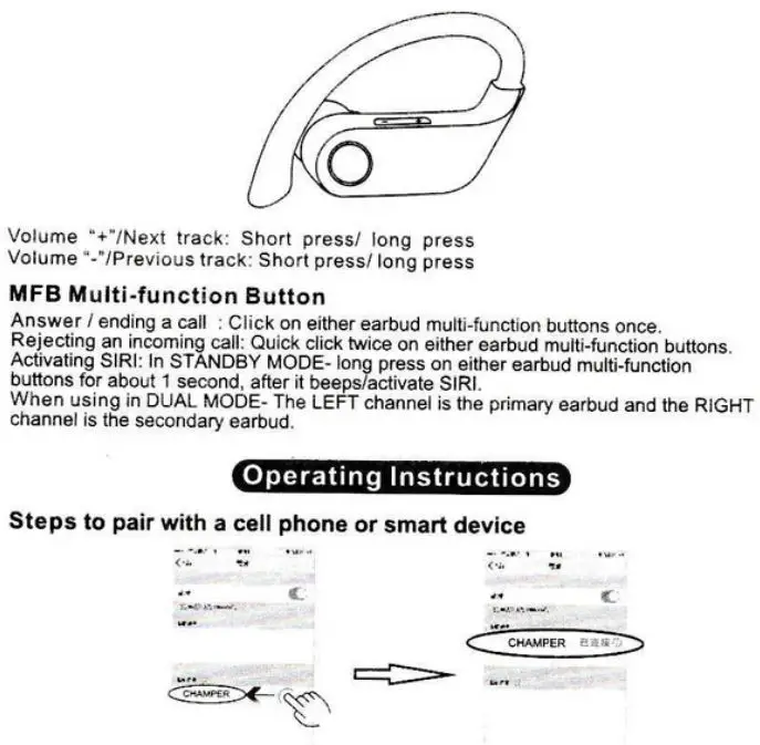 Champer 3D Max Pro Earbuds - Operating Instruction 1