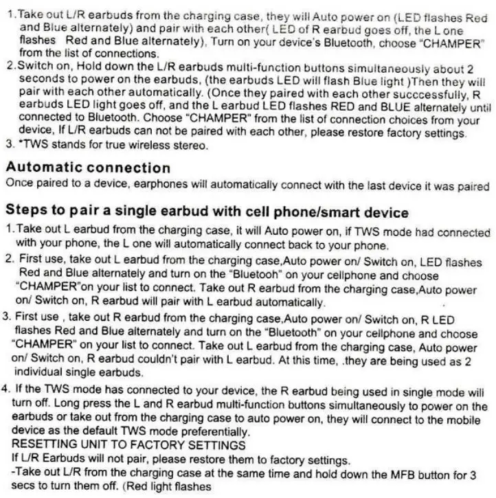 Champer 3D Max Pro Earbuds - Operating Instruction 2