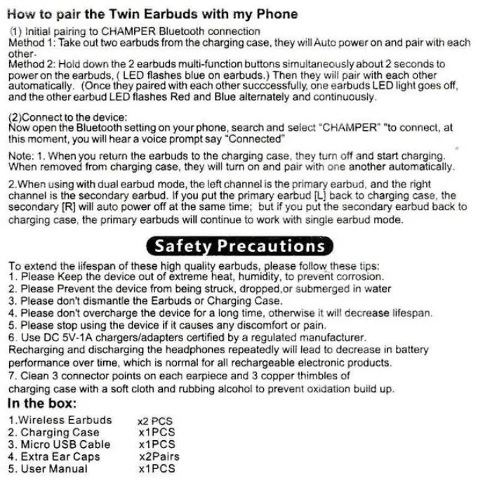 Champer 3D Max Pro Earbuds - Safety Precautions