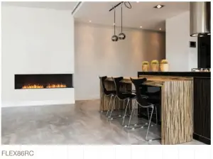 a kitchen with wooden cabinets and a fireplace