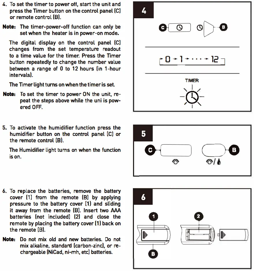 COSTWAY EP23758 1500W 12H Timer Remote Control Electric Space Heater User Manual - OPERATING INSTRUCTIONS