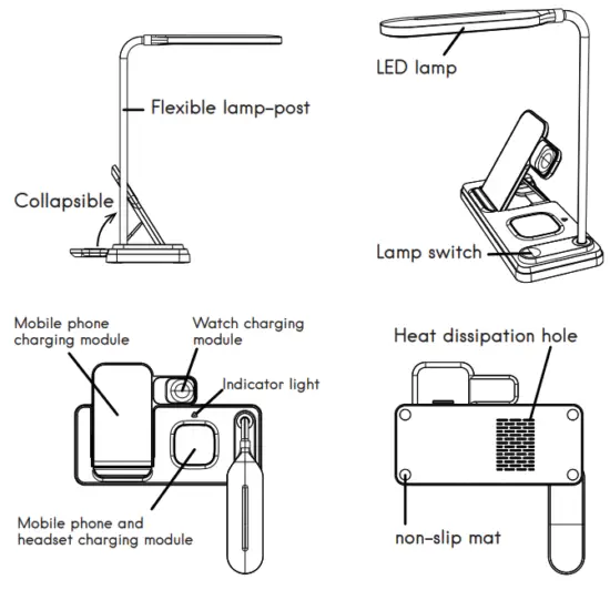 Shenzhen Haitao Sci Tech HT503 4 in 1 LED Lamp Wireless Charger - Product Outline