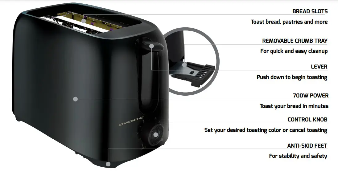 OVENTE TP2210B 700 Watt 2 Slice Black Bread Toaster - Figure 1