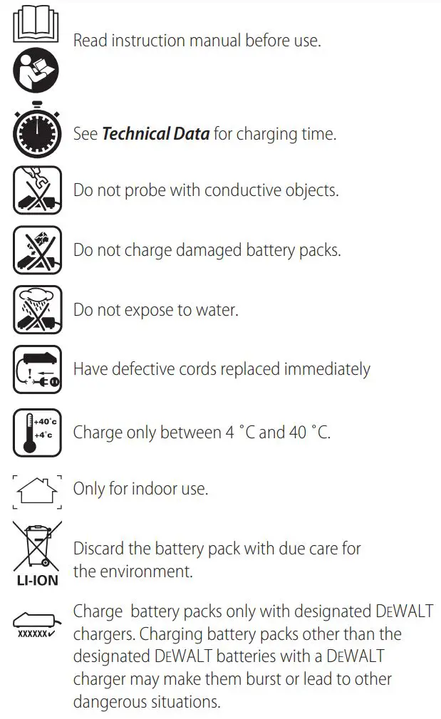 DEWALT DCD800 Brushless Cordless 1 2 in. Drill Driver Kit Instruction Manual - Labels on Charger and Battery Pack