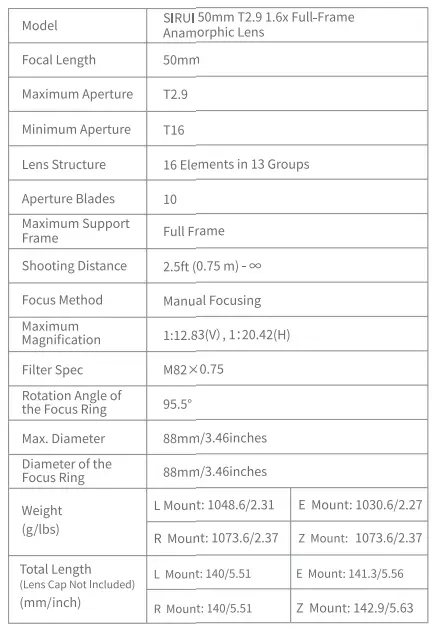 SIRUI T2.9 50mm 1.6x Full-Frame Anamorphic Lens fig 2