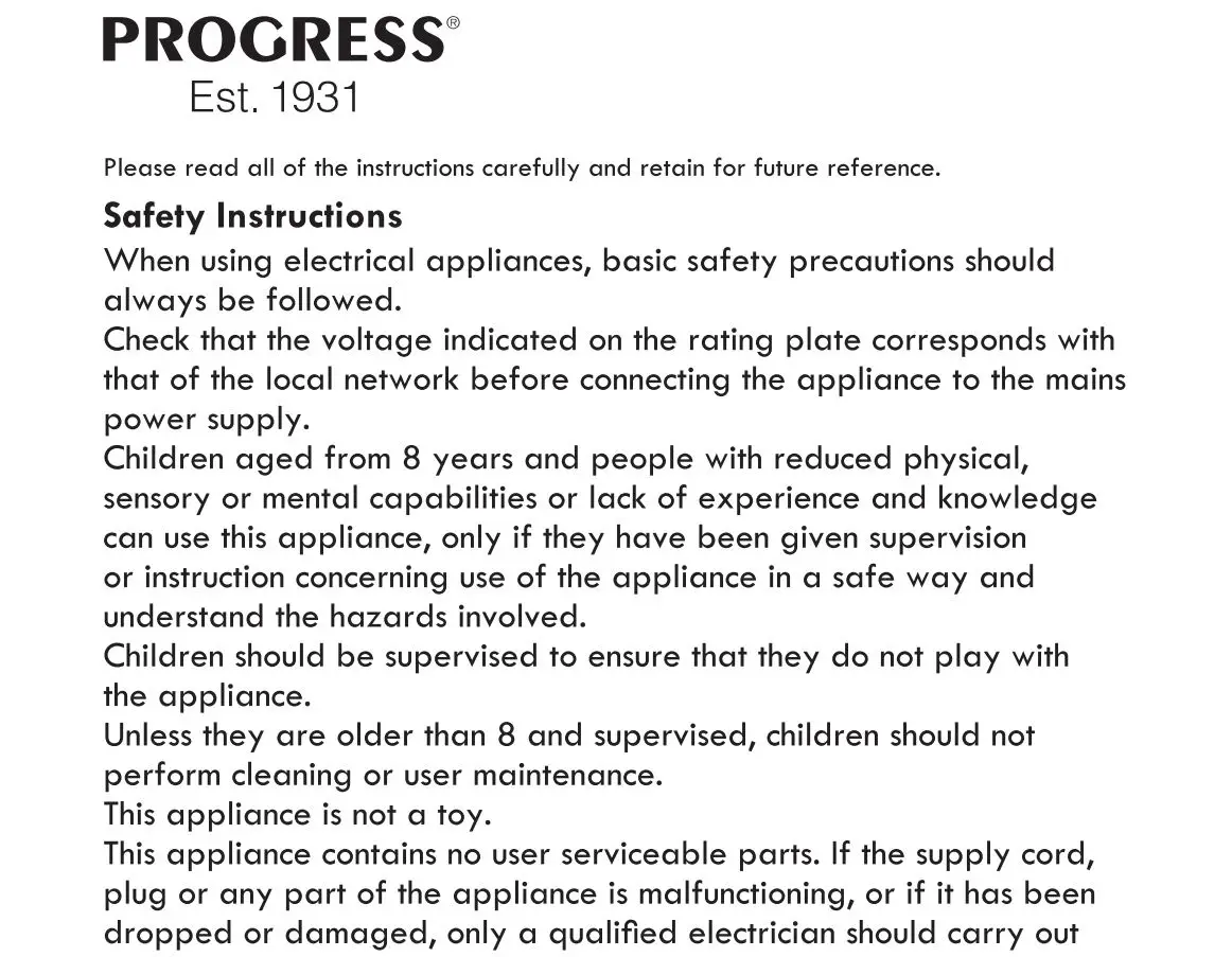 PROGRESS CHEVRON 2-Slice Toaster Instruction Manual - Safety Instructions text 1
