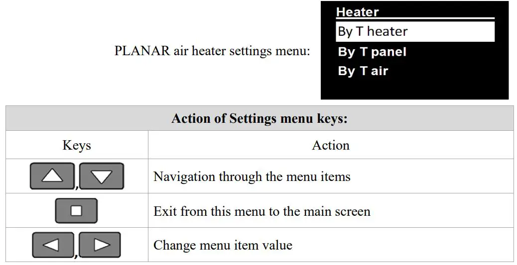 autoterm PU-27 OLED Display Control Panel Owner's Manual - Air heaters settings menu