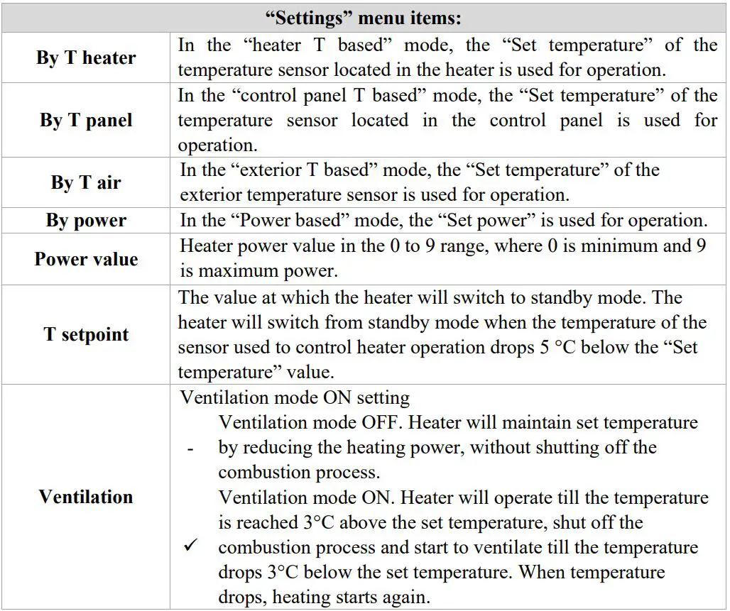 autoterm PU-27 OLED Display Control Panel Owner's Manual - Air heaters settings menu