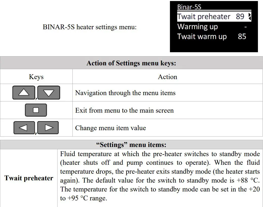autoterm PU-27 OLED Display Control Panel Owner's Manual - Hydronic pre-heaters settings menu