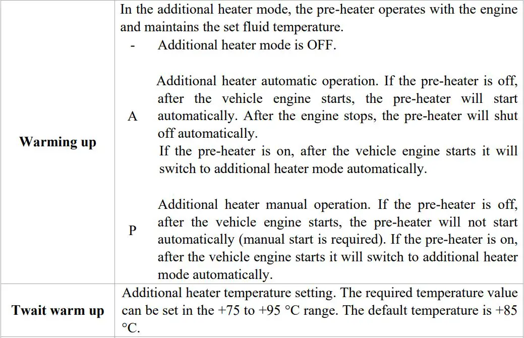 autoterm PU-27 OLED Display Control Panel Owner's Manual - Hydronic pre-heaters settings menu