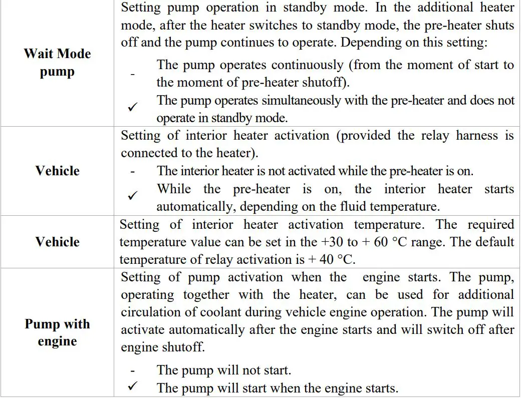 autoterm PU-27 OLED Display Control Panel Owner's Manual - Hydronic pre-heaters settings menu