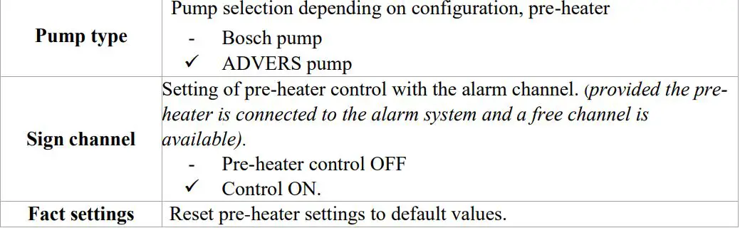 autoterm PU-27 OLED Display Control Panel Owner's Manual - Hydronic pre-heaters settings menu