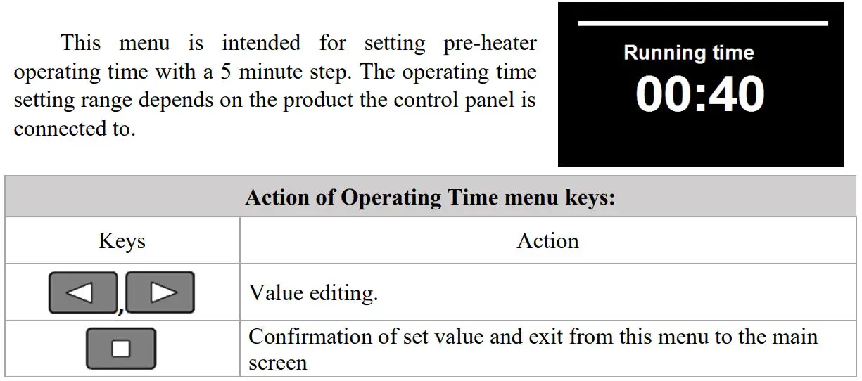 autoterm PU-27 OLED Display Control Panel Owner's Manual - Operating Time settings menu