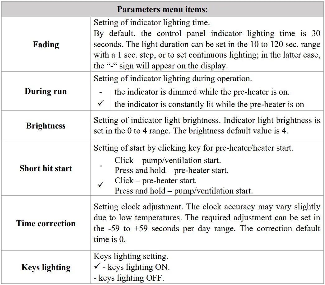 autoterm PU-27 OLED Display Control Panel Owner's Manual - Parameters settings