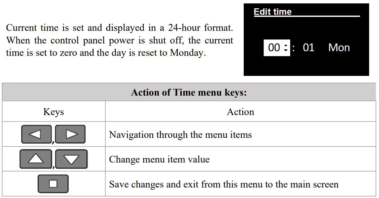 autoterm PU-27 OLED Display Control Panel Owner's Manual - Time settings menu
