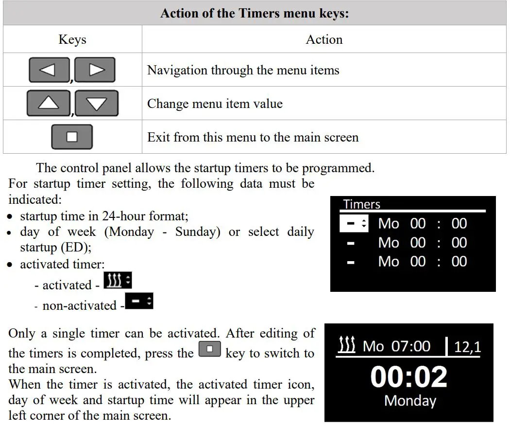 autoterm PU-27 OLED Display Control Panel Owner's Manual - Timers settings menu