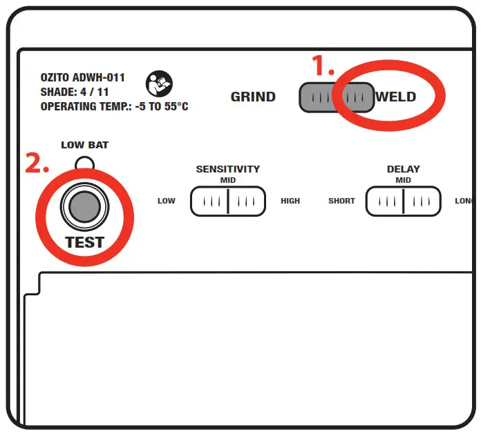 ozito Auto Darkening Welding Helmet - Set the mode