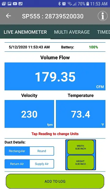 TPI SP555 Vane Air Velocity Smart Probe- The Live Anemometer screen