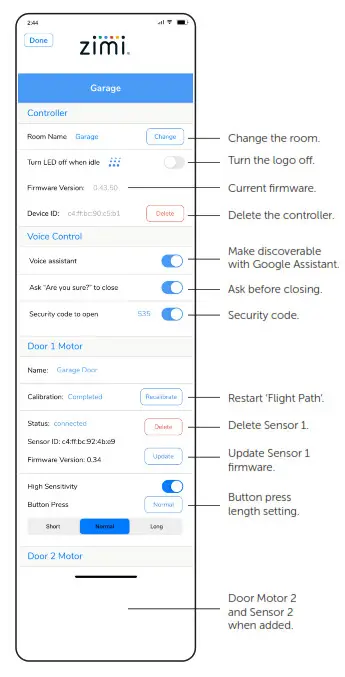 Steel Line Powermesh Garage Door Controller Control-Settings screen