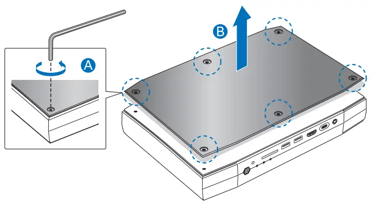 Intel NUC Kit NUC8i7HNK and NUC8i7HVK unscrew the six screws