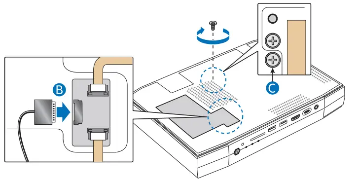 Intel NUC Kit NUC8i7HNK and NUC8i7HVK Reattach the cable and secure the screw