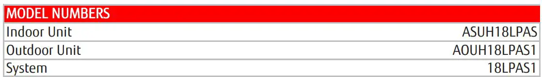 Fujitsu 18LPAS1 SUBMITTAL Inverter Driven Heat Pump - MODEL NUMBERS