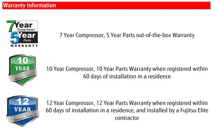 Fujitsu 18LPAS1 SUBMITTAL Inverter Driven Heat Pump - Warranty Information