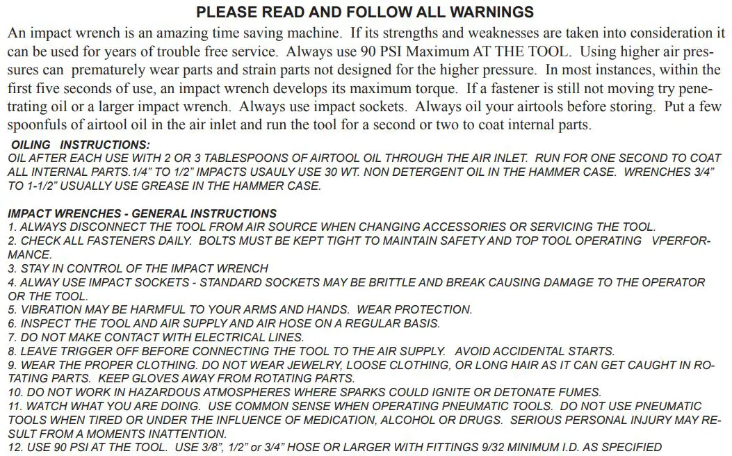Taylor T-7749 1 2 Inch Impact Wrench T-7749L Extended Instruction Manual - General Instructions Impact Wrenches