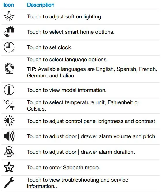 SUB-ZERO ICBID-RP Integrated Drawer Refrigerator User Manual - SETTINGS SCREEN ICONS