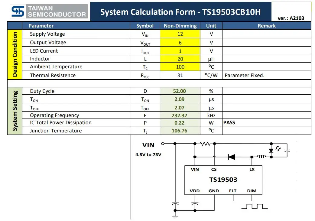 MOUSER TS19503CB10H Step-Down LED Driver User Manual - System Calculation Form