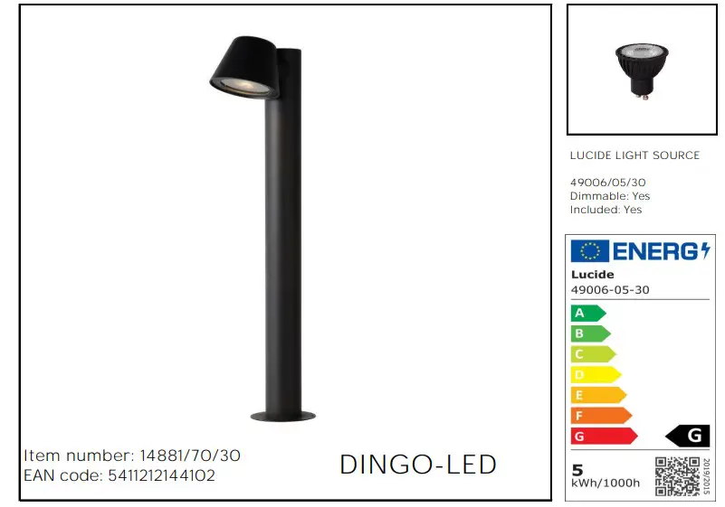 LUCiDE DINGO-LED Garden Bollard - Figure 1