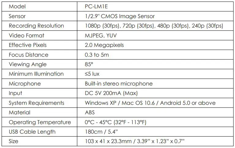 AUKEY PC-LM1E 1080p Full HD Webcam Live Streaming Camera - Specifications