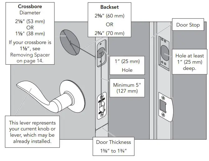 SCHLAGE FBE479AACENLAT625 Sense Century Touchscreen Smart Deadbolt Installation Guide - Check door frame dimensions