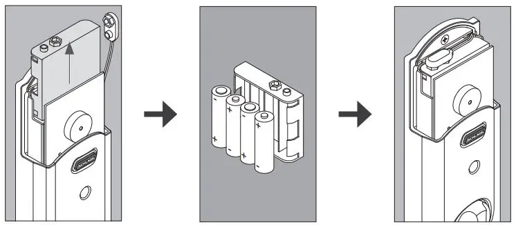 SCHLAGE FBE479AACENLAT625 Sense Century Touchscreen Smart Deadbolt Installation Guide - Install the batteries into the battery tray