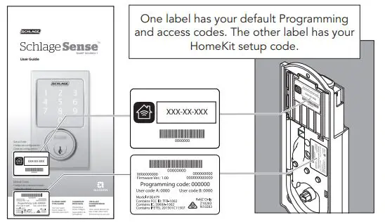 SCHLAGE FBE479AACENLAT625 Sense Century Touchscreen Smart Deadbolt Installation Guide - Locate programming and access codes