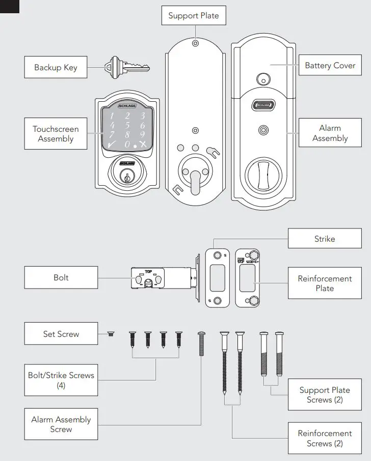 SCHLAGE FBE479AACENLAT625 Sense Century Touchscreen Smart Deadbolt Installation Guide - Package Contents