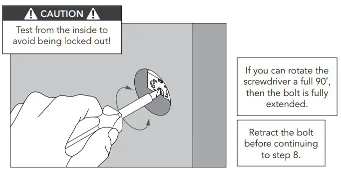 SCHLAGE FBE479AACENLAT625 Sense Century Touchscreen Smart Deadbolt Installation Guide - Test bolt alignment