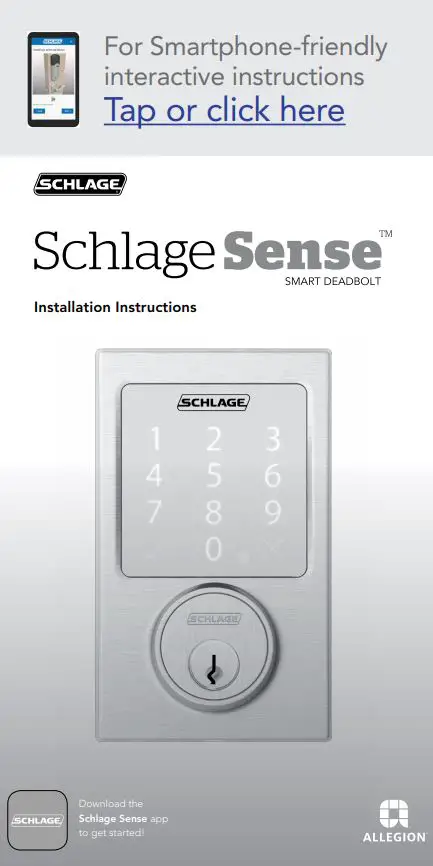 SCHLAGE FBE479AACENLAT625 Sense Century Touchscreen Smart Deadbolt Installation Guide