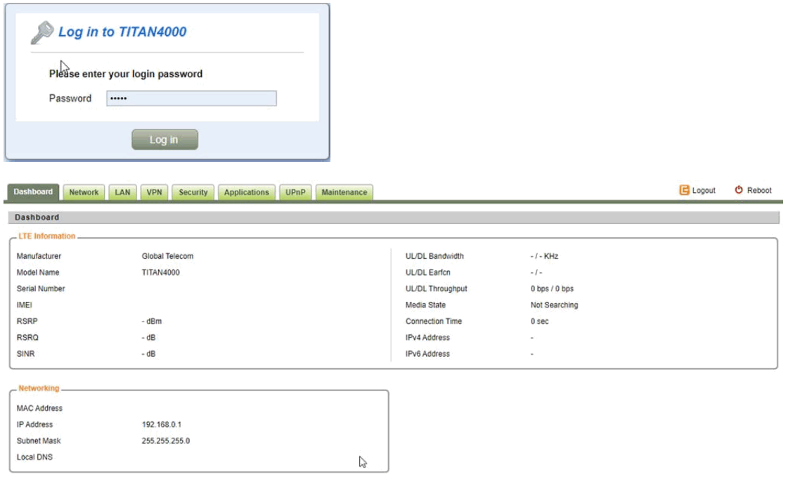 Global telecom TITAN4000 LTE Outdoor CPE - WEB Login