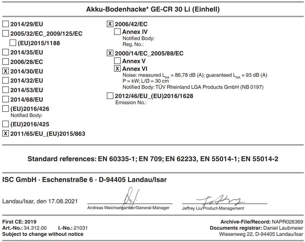 Einhell GE-CR 30 Li Solo Cordless Hoe Tiller Instruction Manual - Akku-Bodenhacke