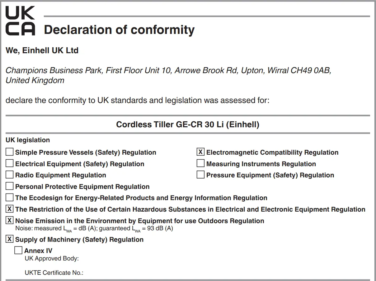 Einhell GE-CR 30 Li Solo Cordless Hoe Tiller Instruction Manual - Declaration of conformity