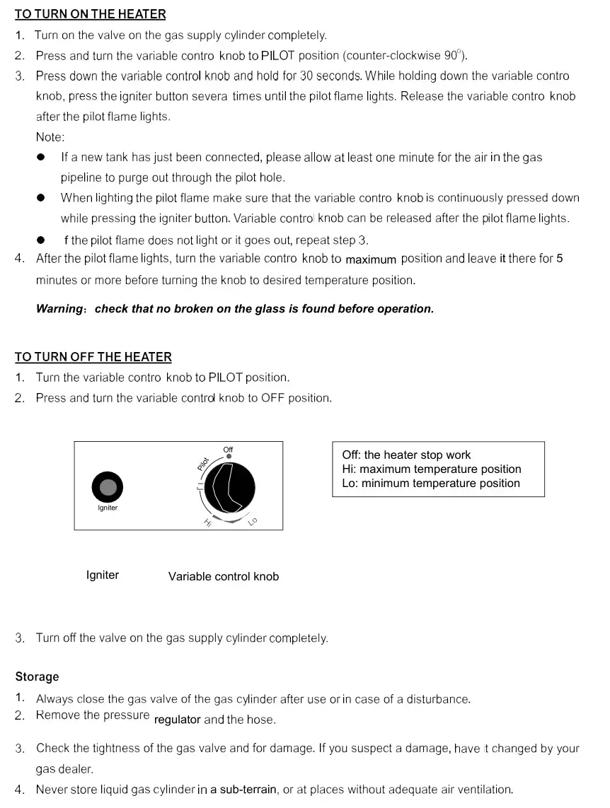 Eastern Tabletop Outdoor Portable Patio Heaters - Operation and Storage