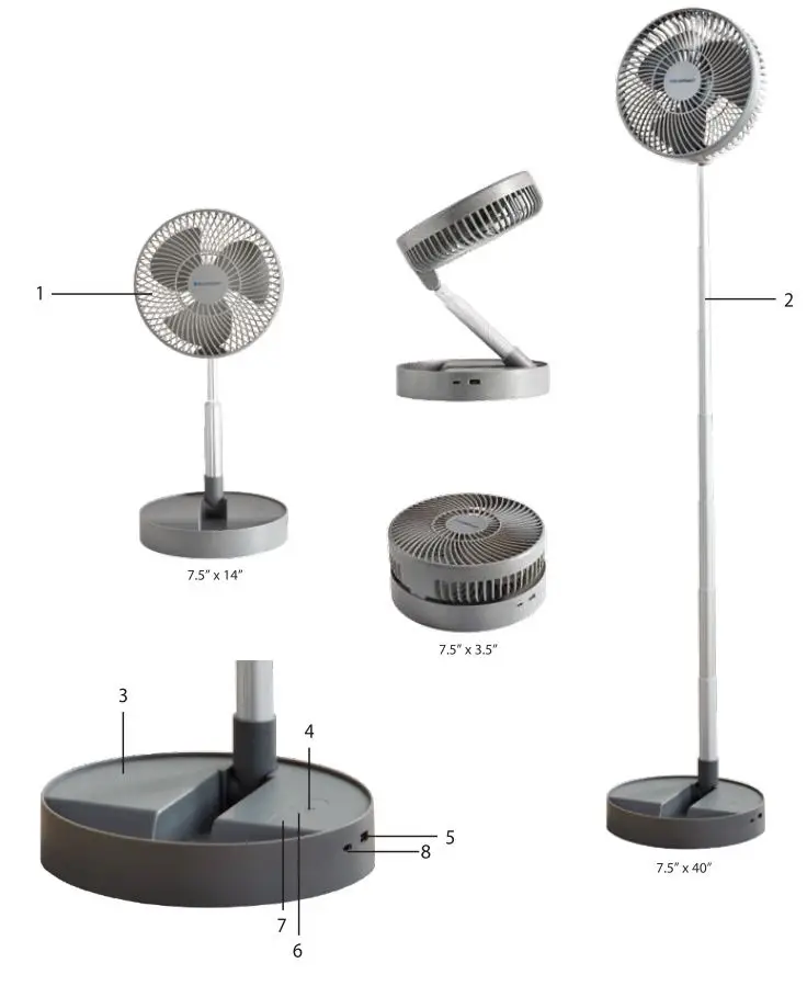 BLAUPUNKT 368372 7.5 inch Extendable Cordless Fan Owner’s Manual - Product Overview