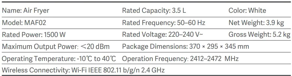 xiaomi MAF01 Mi Smart Air Fryer User Manual - Specifications