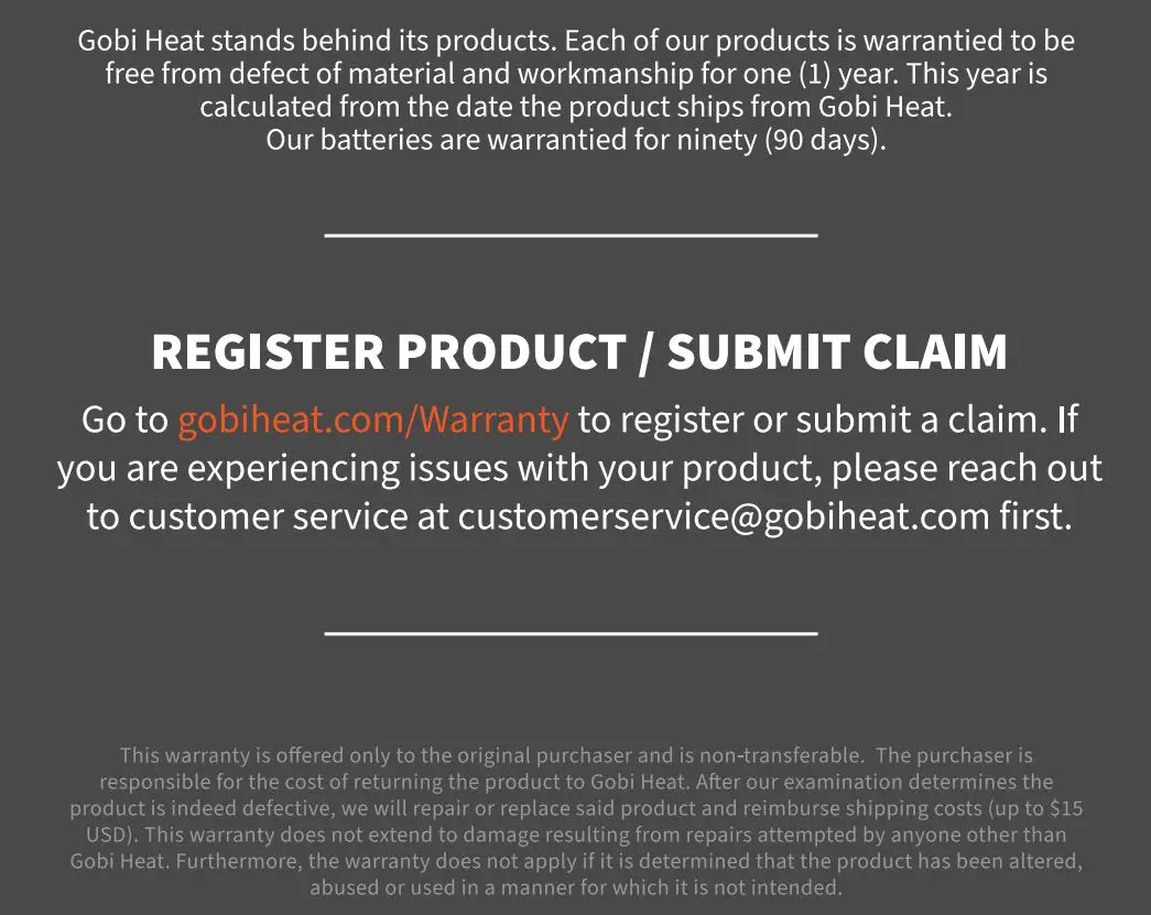 GOBI HEAT BLS-ON Heated Base Layers User Guide - WARRANTY