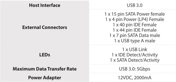 USB 3.0 to SATA or IDE Hard Drive Adapter Converter USB3SSATAIDE - Specifications